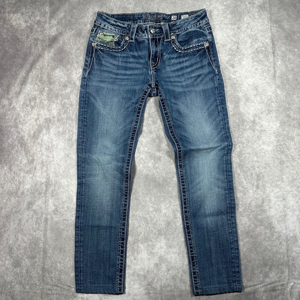 Miss Me Skinny Jeans Womens 28 Medium Wash Camo Embellished Cross Rhinestone Y2K - Picture 3 of 10